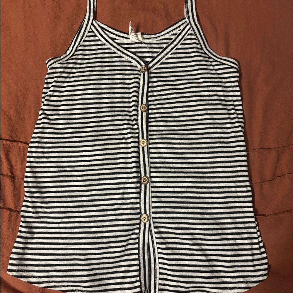Striped Black and White Button-Up Tank Top and tan and cream button up tank top